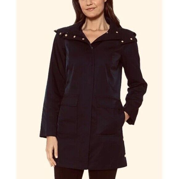 Jones New York Hooded Black Snap-Collar Raincoat Size Extra Small NWT - Picture 1 of 9